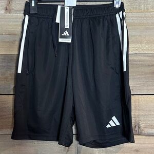 Adidas Men's Black Athletic Shorts with White Stripes and Pockets